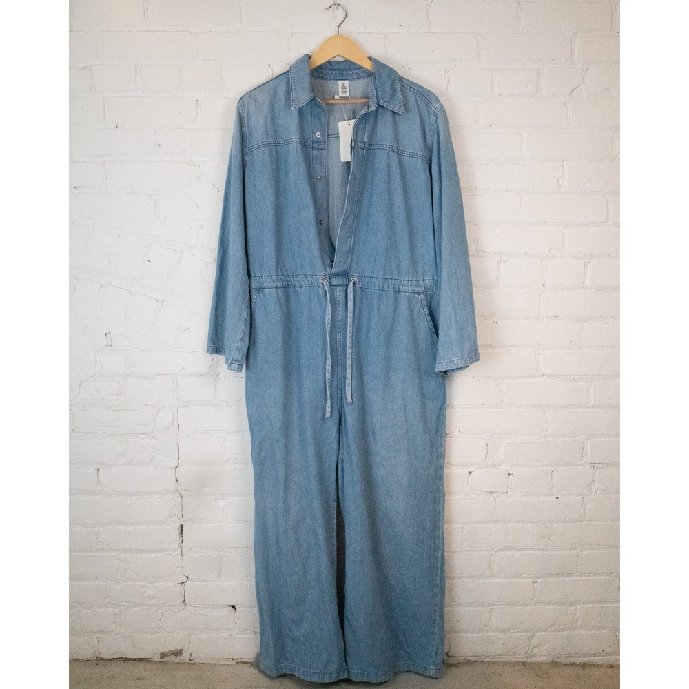 Denim Jumpsuit Light Wash Long Sleeve Drawstring Waist Wide Leg Blue One Piece